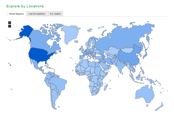 "Explore by Locations" heat map from the UNT Digital Library