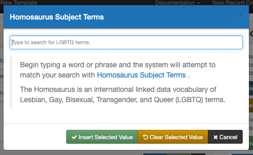Screenshot of the Homosaurus subject modal