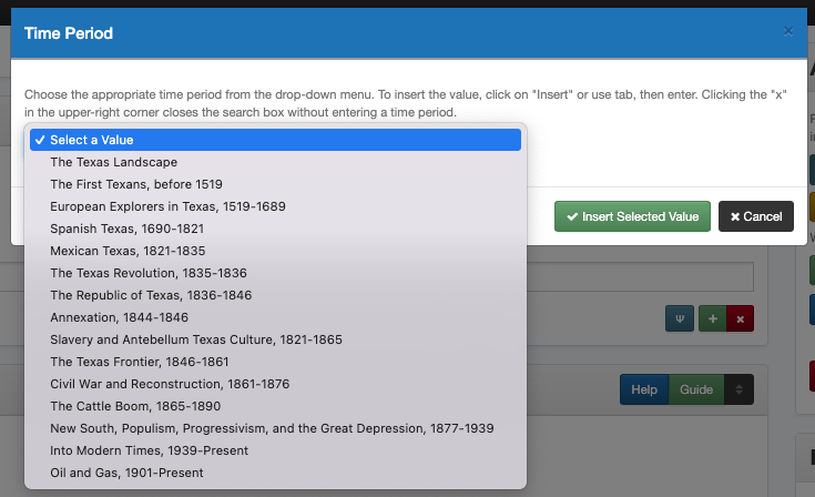Screenshot of the coverage time period modal