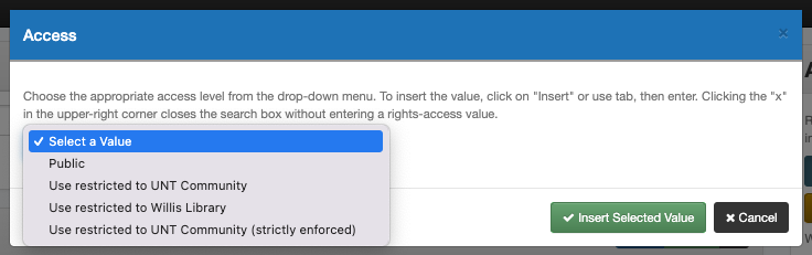 Screenshot of the rights access modal