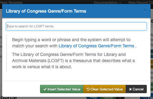Screenshot of the LCGFT subject modal