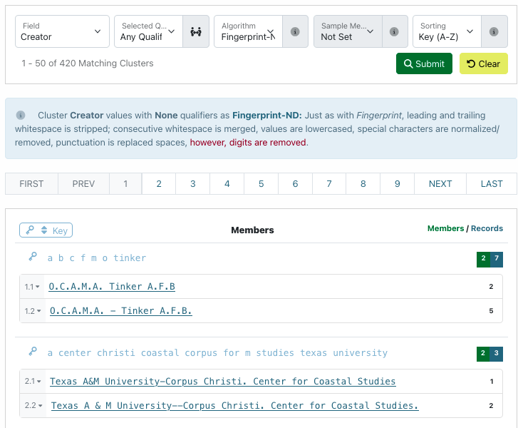 Screenshot of organizational creator entries in the cluster tool.