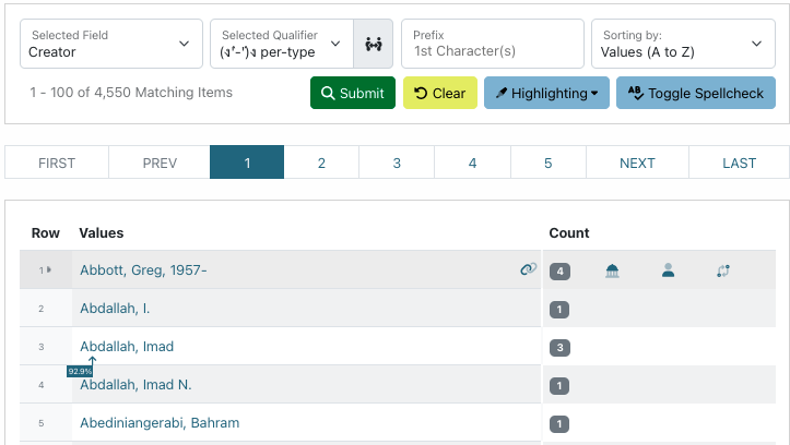 Screenshot of personal creator name entries in the facet tool.