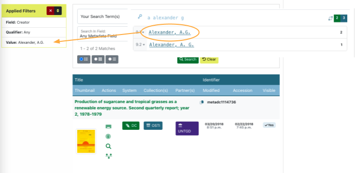Screenshot showing a cluster value and the related Dashboard search for the value.
