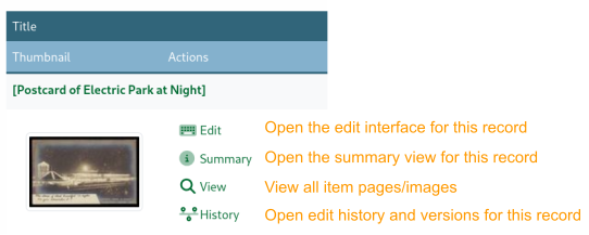 Screenshot of the far left part of a single record entry with links labeled